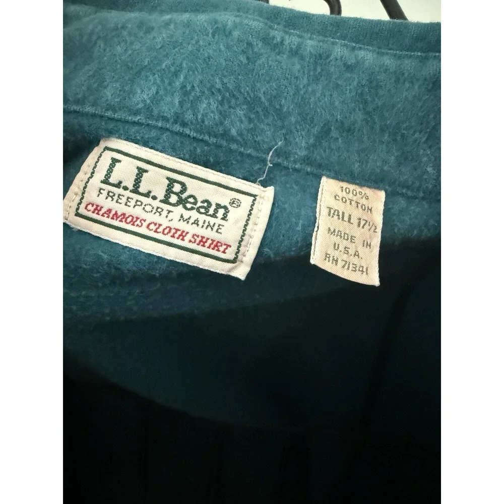 Vtg LL‎ Bean Shirt Men Tall 17 1/2 Dark Teal Green Chamois Cloth USA 80s Western